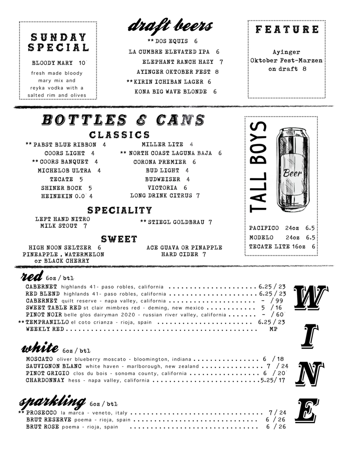 Elephant Ranch bar menu
