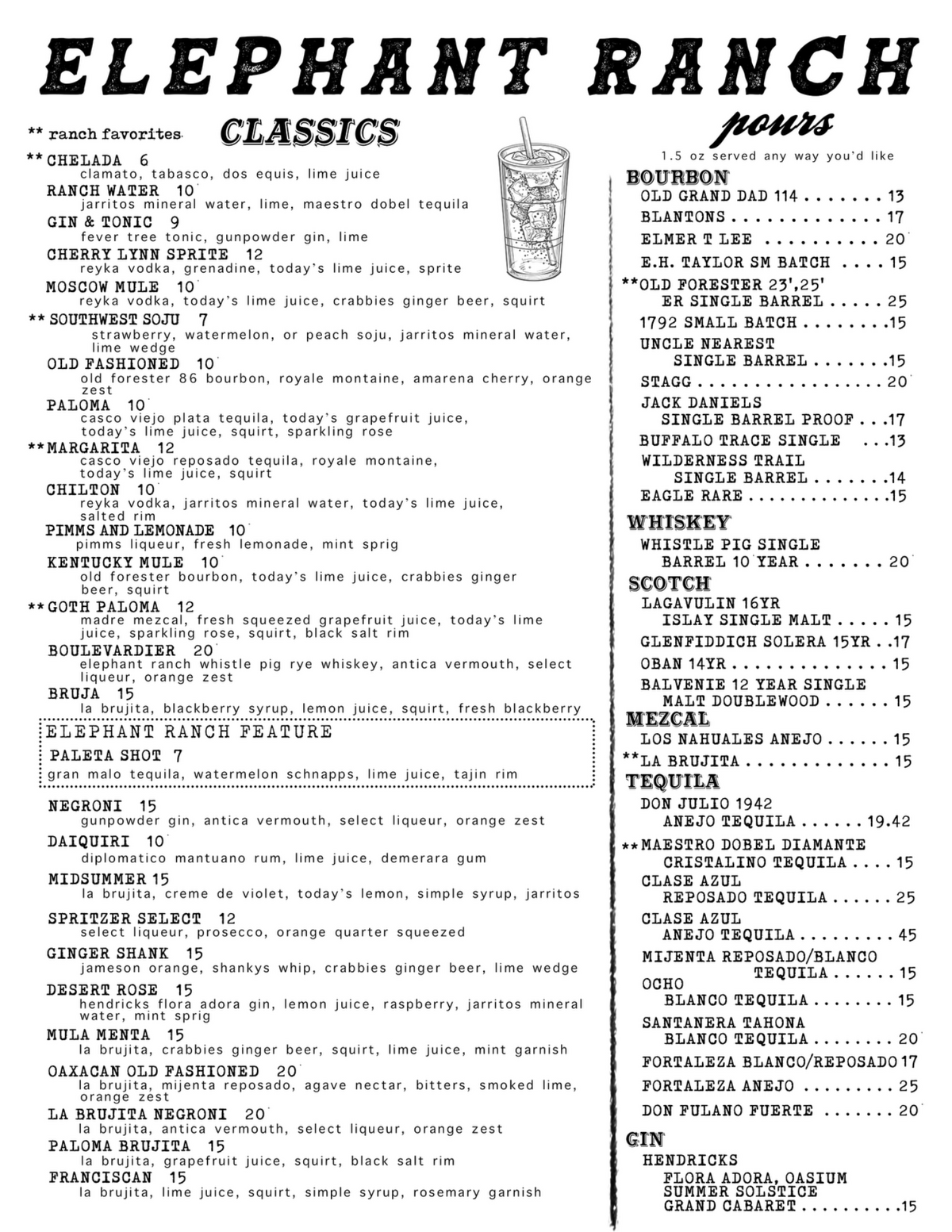 Elephant Ranch cocktails and spirits menu